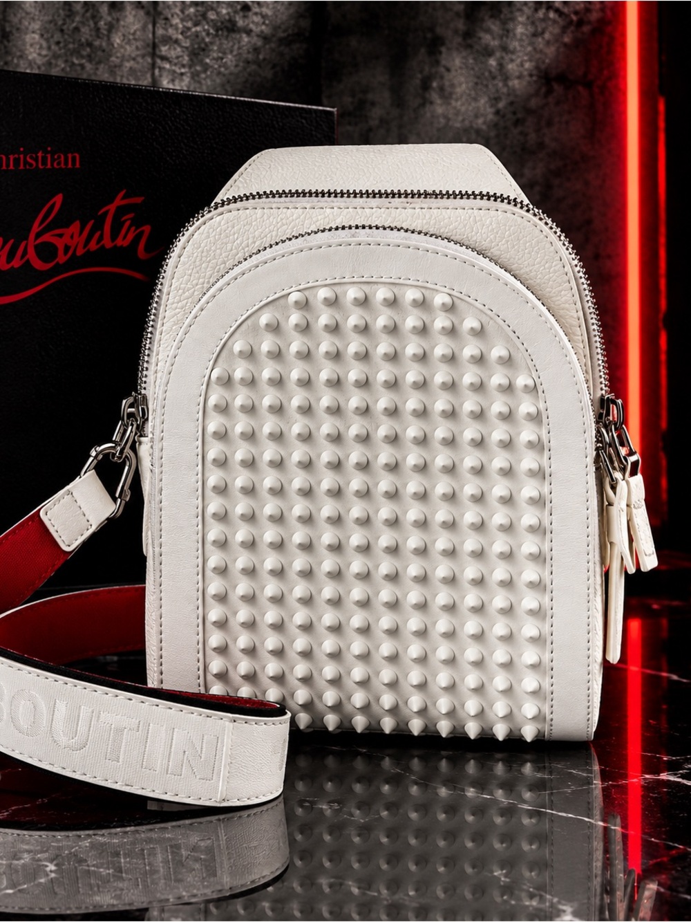 Christian Louboutin Loubifunk White Leather Spike Studded Sling Bag Red Interior